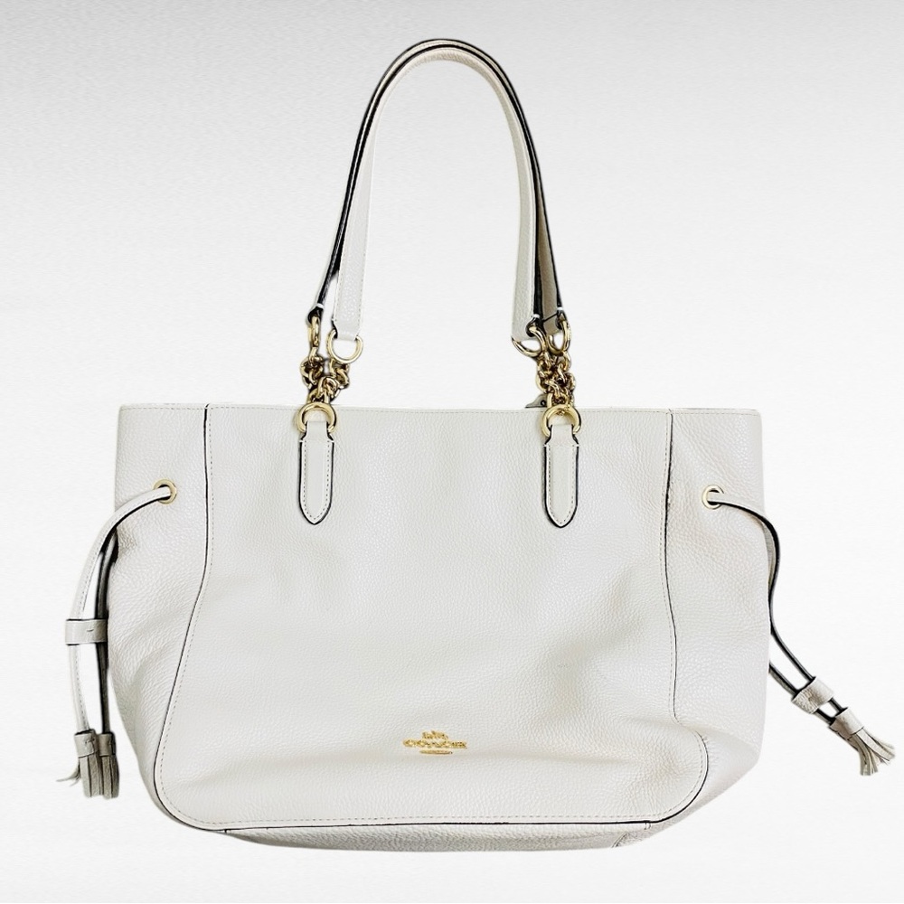 Coach | White Elle Chain Tote Handbag in Rose Petal Chalk White Pebbled Leather